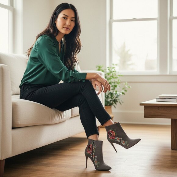 Bebe Delonix Gray Suede Floral Stiletto Heel Boots Size 7.5 - Picture 11 of 11